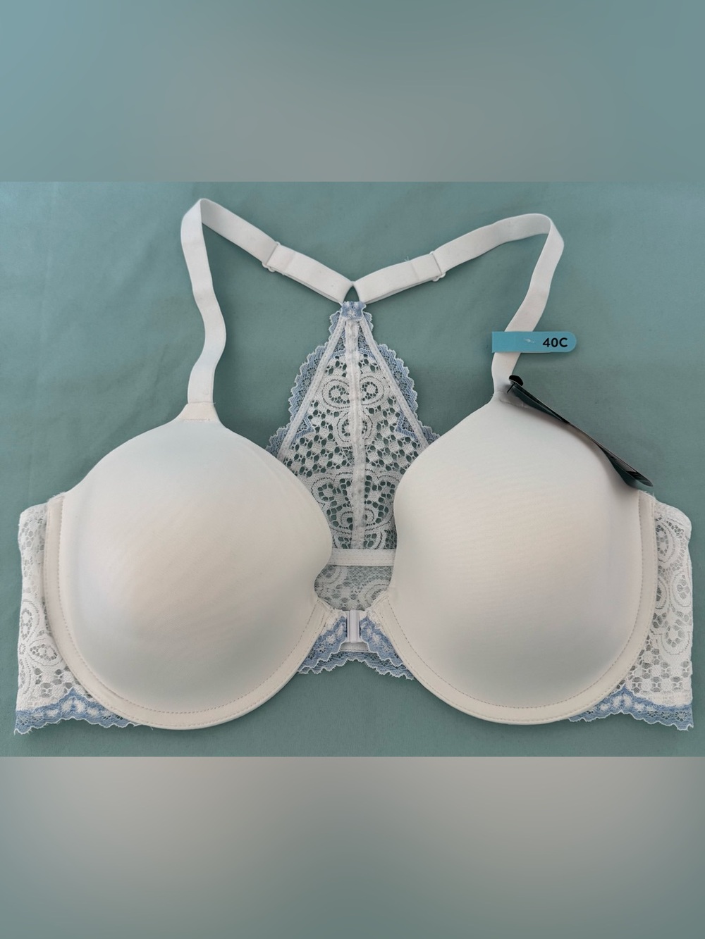 Maidenform White, Light Blue Lace Racerback Bra - 40C